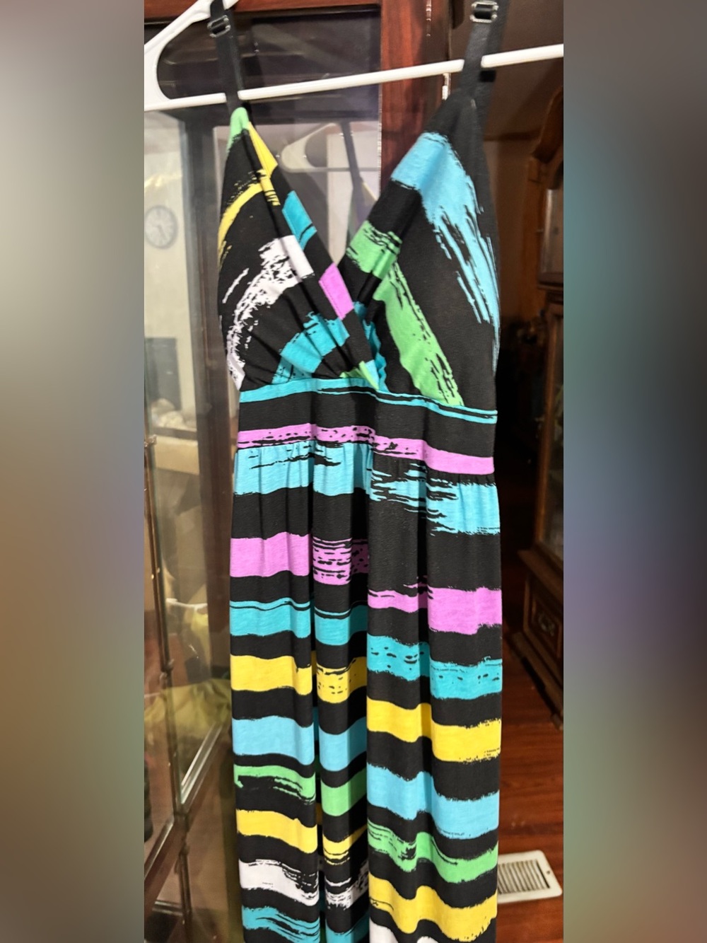 Allison Brittney Black Maxi Dress with Multicolor Brushstroke Stripes